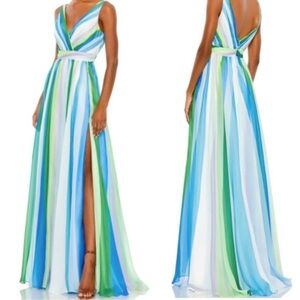 MAC DUGGAL | blue green multicolor stripe plunge maxi gown 4